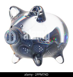 Fetch.ai (FET) Clear Glass piggy bank with decreasing piles of crypto coins. Saving inflation, financial crisis, and losing money concept. 3d illustration Stock Photo