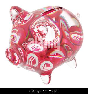 Hive (HIVE) Clear Glass piggy bank with decreasing piles of crypto coins. Saving inflation, financial crisis, and losing money concept. 3d illustration Stock Photo