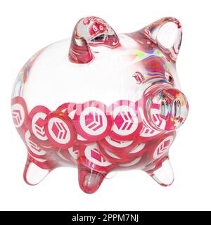 Hive (HIVE) Clear Glass piggy bank with decreasing piles of crypto coins. Saving inflation, financial crisis, and losing money concept. 3d illustration Stock Photo