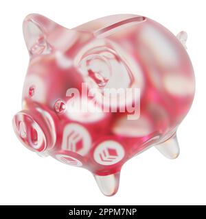 Hive (HIVE) Clear Glass piggy bank with decreasing piles of crypto coins. Saving inflation, financial crisis, and losing money concept. 3d illustration Stock Photo