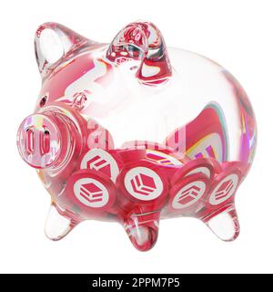 Hive (HIVE) Clear Glass piggy bank with decreasing piles of crypto coins. Saving inflation, financial crisis, and losing money concept. 3d illustration Stock Photo