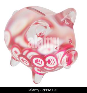 Hive (HIVE) Clear Glass piggy bank with decreasing piles of crypto coins. Saving inflation, financial crisis, and losing money concept. 3d illustration Stock Photo