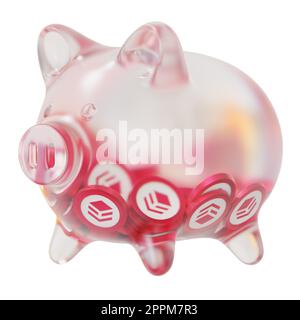 Hive (HIVE) Clear Glass piggy bank with decreasing piles of crypto coins. Saving inflation, financial crisis, and losing money concept. 3d illustration Stock Photo