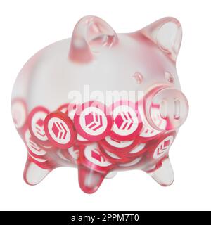 Hive (HIVE) Clear Glass piggy bank with decreasing piles of crypto coins. Saving inflation, financial crisis, and losing money concept. 3d illustration Stock Photo