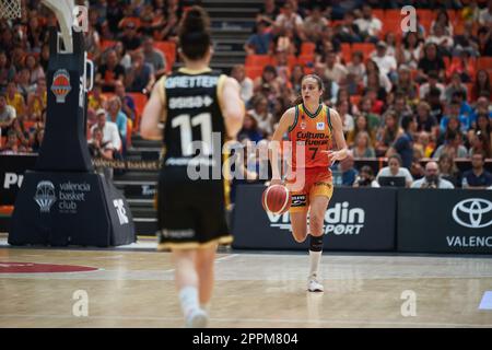 Valencia, Spain. 23rd Apr, 2023. Angela Salvadores of Valencia Basket in action during the Play off quarterfinals of Liga Endesa at Pavilion Fuente de San Luis. Valencia Basket 77:35 Movistar Estudiantes (Photo by Vicente Vidal Fernandez/SOPA Images/Sipa USA) Credit: Sipa USA/Alamy Live News Stock Photo