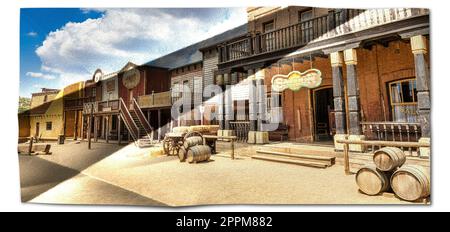 Creative picture of Wild West village with old buildings and saloon. Stock Photo