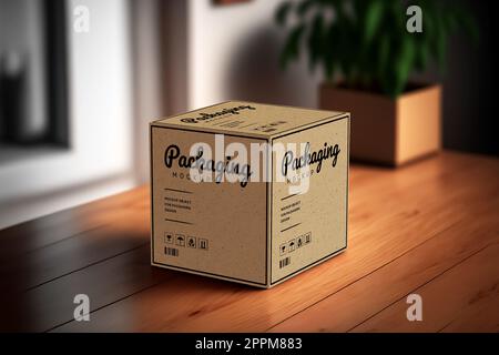 Product cubic box mockup - Realistic brown carton package with copy space. Stock Photo
