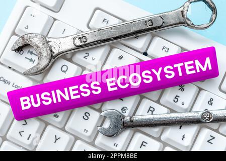 Text caption presenting Business Ecosystem. Business concept Develop and Implement Organization Growth Opportunities Stock Photo