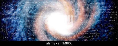 Illustration of basic physics and mathematics formulas and galaxy in universe. Banner design Stock Photo