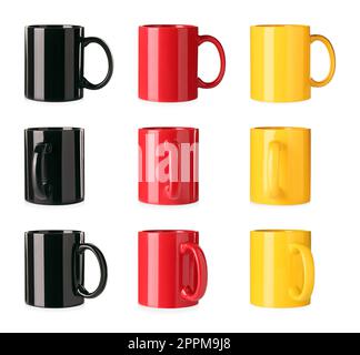 Set with different ceramic mugs on white background Stock Photo