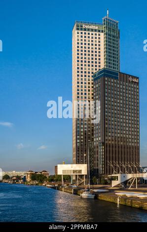 ROTTERDAM, THE NETHERLANDS - AUGUST 26, 2013: View of Maastoren in Rotterdam, the second tallest building in the Netherlands, built between 2006 and 2009, serves as the headquarters of the Dutch branch of Deloitte, and is used by the company AKD Stock Photo