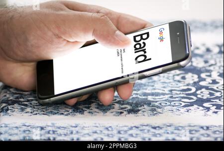 Female hands holding a phone with the Google Bard website on the screen Stock Photo