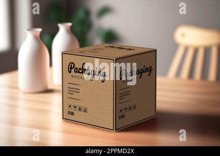 Product cubic box mockup - Realistic brown carton package with copy space. Stock Photo