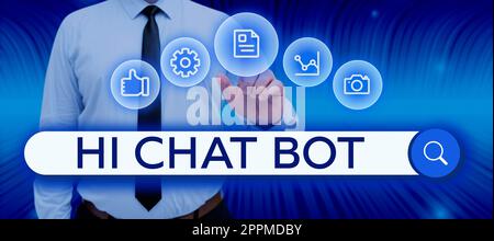Handwriting text Hi Chat Bot. Conceptual photo Greeting to robot machine who answers to a sent message Stock Photo