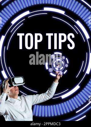 Text sign showing Top Tips. Word for a small but particularly useful piece of practical advice Stock Photo