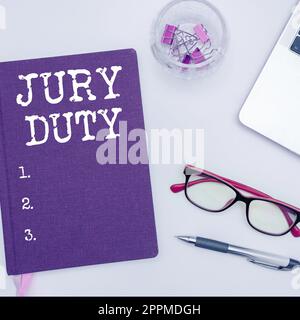 Hand writing sign Jury Duty. Business overview obligation or a period of acting as a member of a jury in court Stock Photo