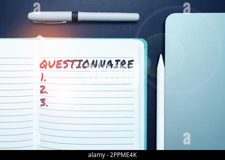 Writing displaying text Questionnaire. Business concept Set of enquires Basis of interrogating someone Need feedbacks Stock Photo