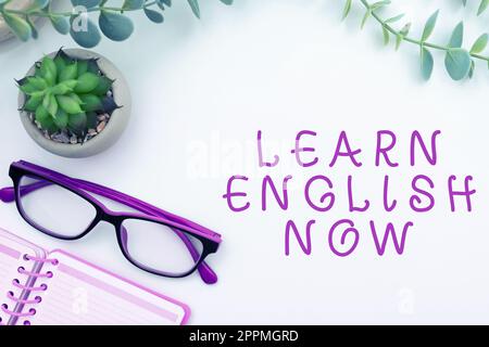Conceptual display Learn English Now. Concept meaning gain or acquire knowledge and skill of english language Stock Photo
