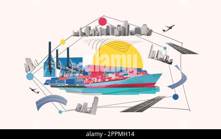 Industrial container cargo freight ship for import or export in port. Abstract design background, trucks and transport. Highway and delivering. Logistics concept Stock Photo