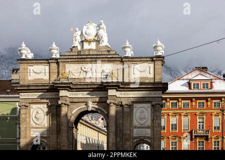 Triumphal Arch (Triumphpforte) on Maria Teresa Street, Innsbruck, Austria Stock Photo