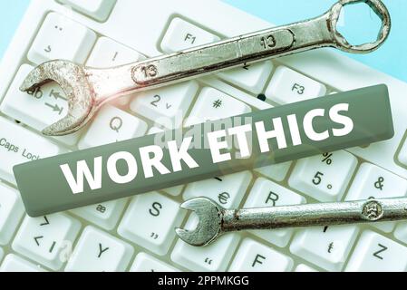 Text sign showing Work Ethics. Word Written on A set of values centered on the importance of doing work Stock Photo
