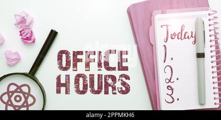 Inspiration showing sign Office Hours. Word Written on The hours which business is normally conducted Working time Stock Photo