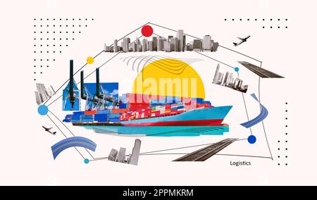 Industrial container cargo freight ship for import or export in port. Abstract design background, trucks and transport. Highway and delivering. Logistics concept Stock Photo