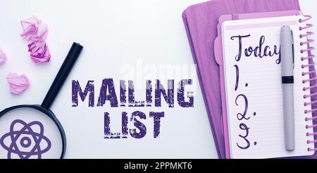 Text sign showing Mailing List. Word for list of people who subscribe to a periodic mailing distribution Stock Photo