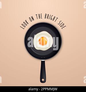 Look on the bright side - background with quote and fried egg on a black pan illustration. Stock Photo