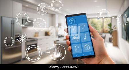 Smart home technology interface on smartphone app. Screen with augmented reality view of internet of things connected objects in the apartment interio Stock Photo