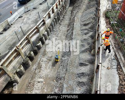 two construction workers on a construction site Stock Photo