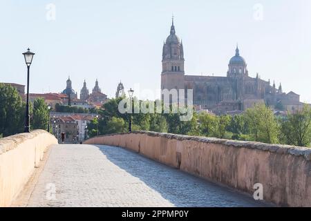 Roman bridge over the Tormes river and in the background the cathedral of Salamanca (Spain) Stock Photo