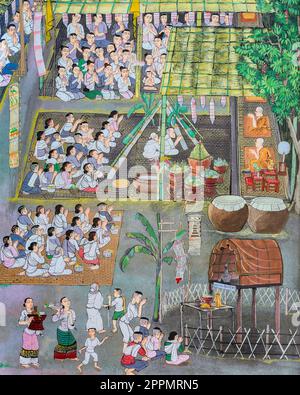 Ancient Thai Lanna style mural painting  of Buddhist festival Stock Photo