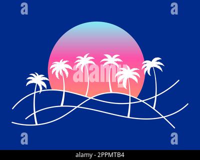 Line landscape outline with palm trees and rising sun on a blue background. Summer tropical landscape in a minimalist style. Design for printing t-shi Stock Vector