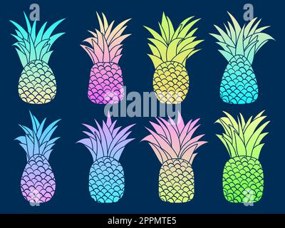 Set of colorful gradient pineapples isolated on white background. Summer tropical fruit pineapple with leaves. Icon design for banners, print and prom Stock Vector