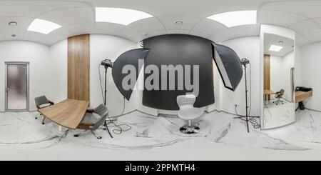 360 degree panoramic view of full spherical seamless hdri panorama 360 degrees in interior of small photo studio with lighting equipment in equirectangular projection, VR content