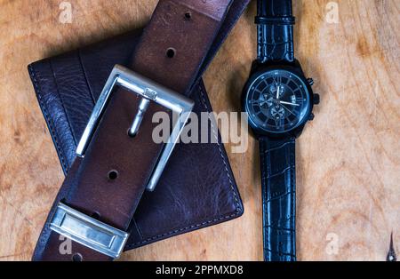 Business wristwatch on the wooden table Stock Photo