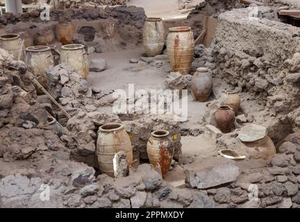 Santorini, Greece - Recovered ancient pottery in prehistoric town of Akrotiri, excavation site of a Minoan Bronze Age Stock Photo