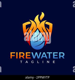 Modern gradient fire water shield logo branding. Minimalist flame drop HVAC logo. Stock Vector
