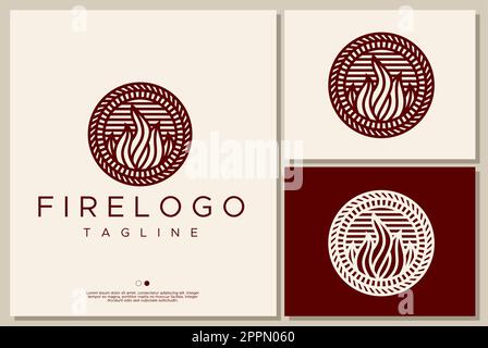 Vintage line bon fire logo design vector. Retro circle flame logo brand template. Stock Vector