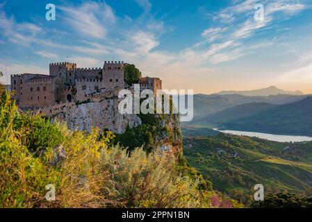 Panoramic view of Caccamo castle at sunset, Sicily Stock Photo