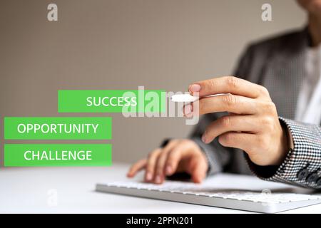 Forecasting business, words success, opportunity and challenge on background business person using digital stylus and computer.. Stock Photo