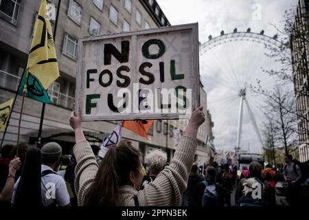 London/UK 24 APR 2023. Extinction rebellion and other campaign groups continued with their fourth and last days of planned protest. Whilst warning the government that they would ‘step up’ their action if they don’t accept the two climate change demands. The campaigners are demanding; the end to all licences, funding and approval for new oil and gas projects and create “emergency citizens assemblies” to tackle the climate crisis. Aubrey Fagon/Alamy Live News Stock Photo