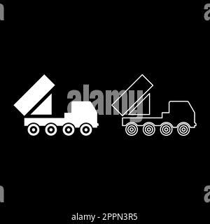Reactive system volley fire salvo artillery American multiple launch on wheeled chassis high mobility army military truck air defense anti aircraft set icon white color vector illustration image solid fill outline contour line thin flat style Stock Vector