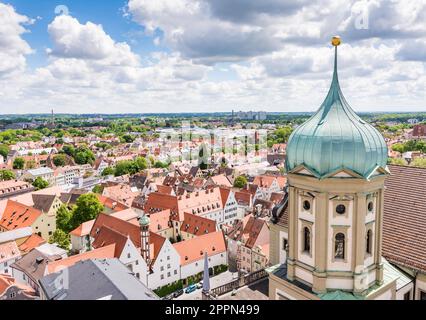 Aerial view over Augsburg with the tower of the old town hall Stock Photo