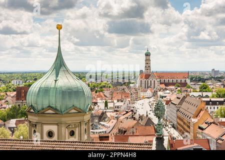 Aerial view over Augsburg with the tower of the old town hall Stock Photo