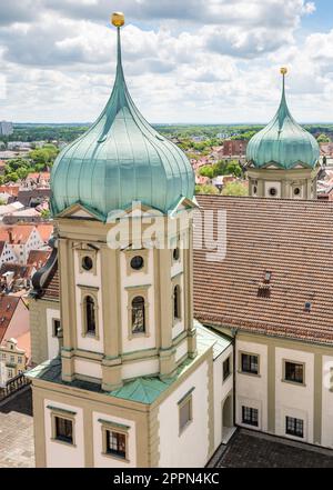 Aerial view over Augsburg with the tower of the old town hall Stock Photo