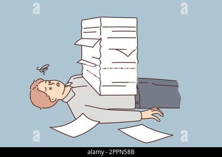 Stressed man lying under paperwork pile Stock Vector