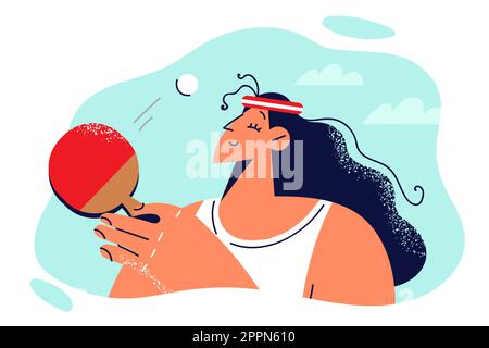 Relaxed woman playing table tennis with racket during match with opponent or training before game Stock Vector