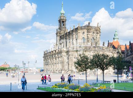 DRESDEN, GERMANY - AUGUST 22: Tourists at the Hofkirche church in Dresden, Germany on August 22. It is the most important catholic church of the Stock Photo